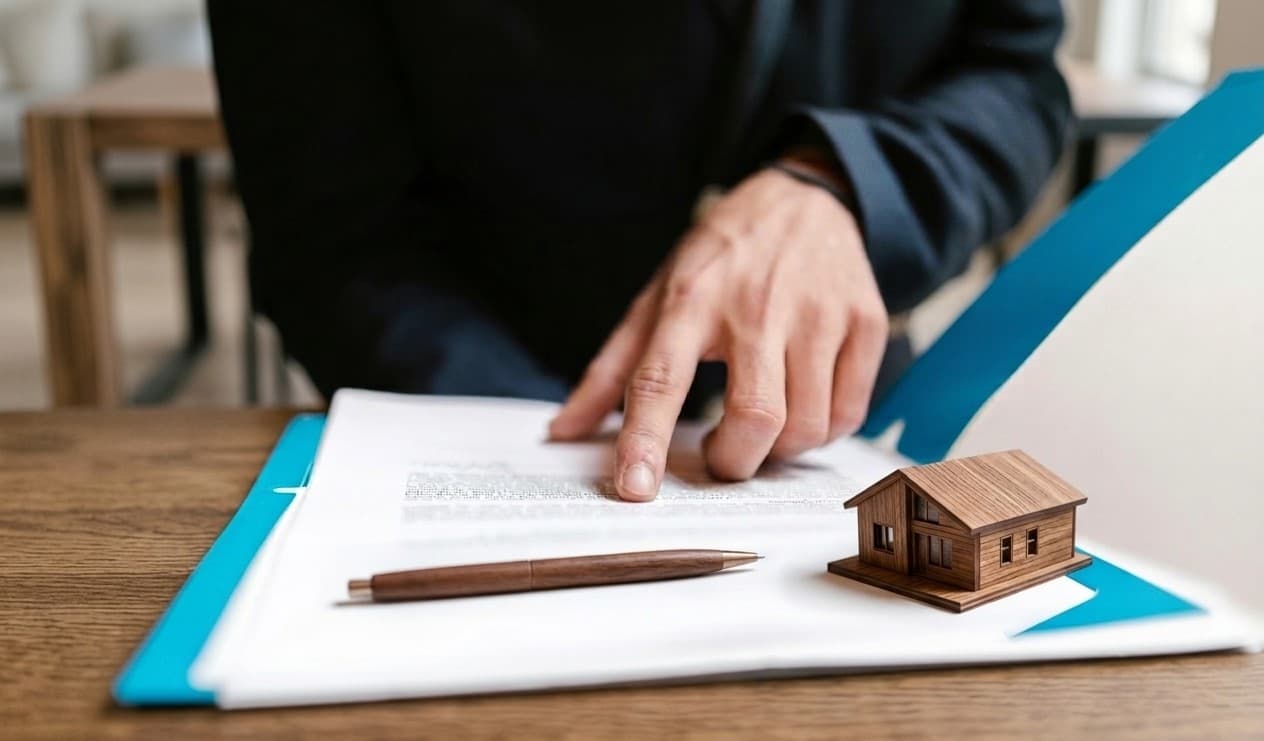 Firma de un contrato de alquiler con una maqueta de casa sobre la mesa