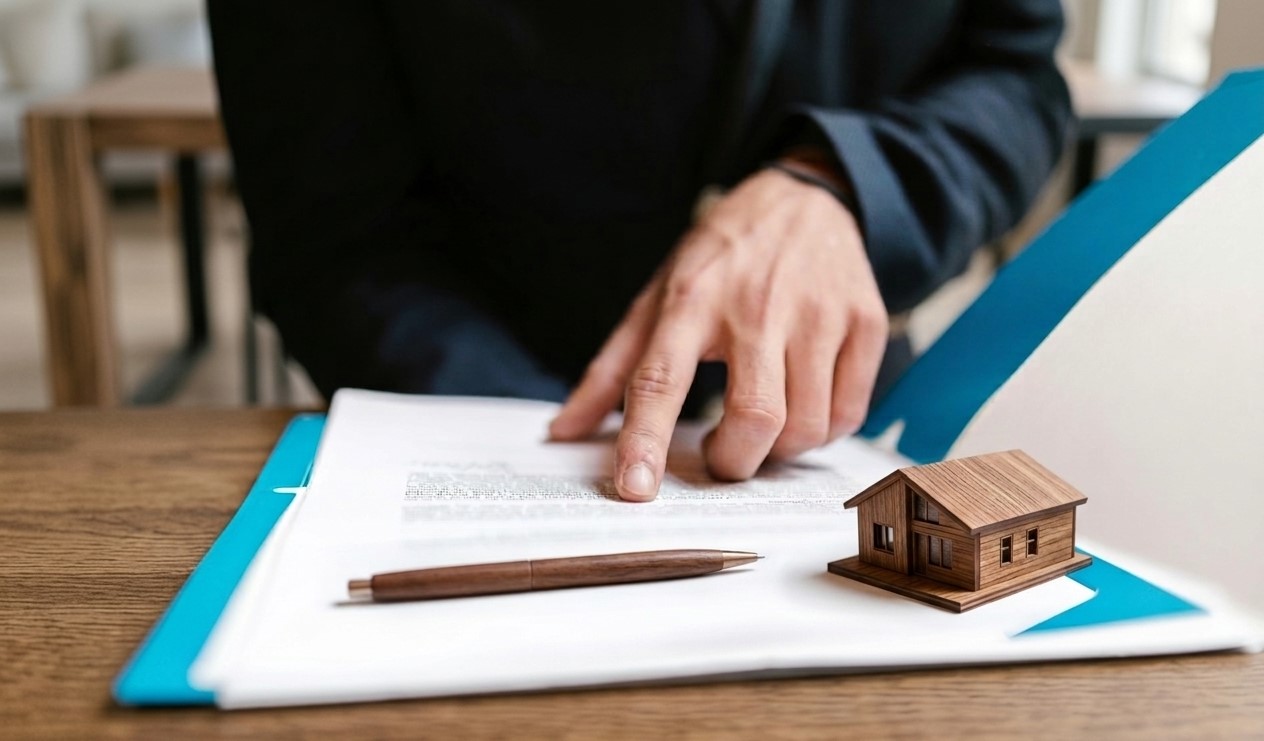 Firma de un contrato de alquiler con una maqueta de casa sobre la mesa