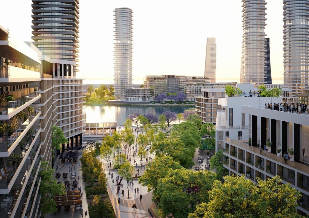 Render del proyecto Ramblas del Plata, el desarrollo urbanístico previsto en la ex Ciudad Deportiva de Boca que busca ampliar Puerto Madero con viviendas, oficinas, locales comerciales, hotelería y espacios verdes