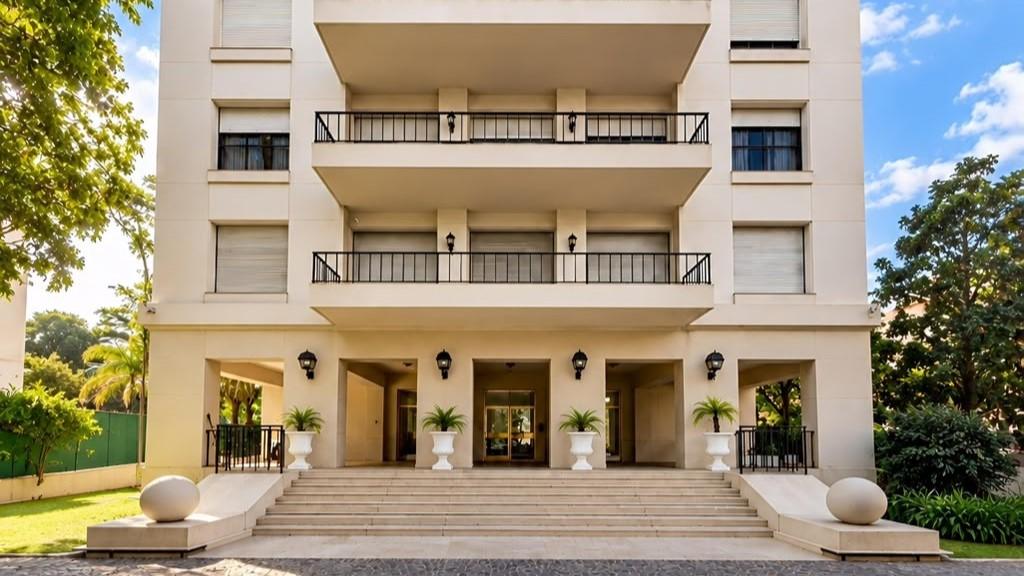 El acceso principal cuenta con una escalinata y amplios balcones que refuerzan la escala del inmueble
